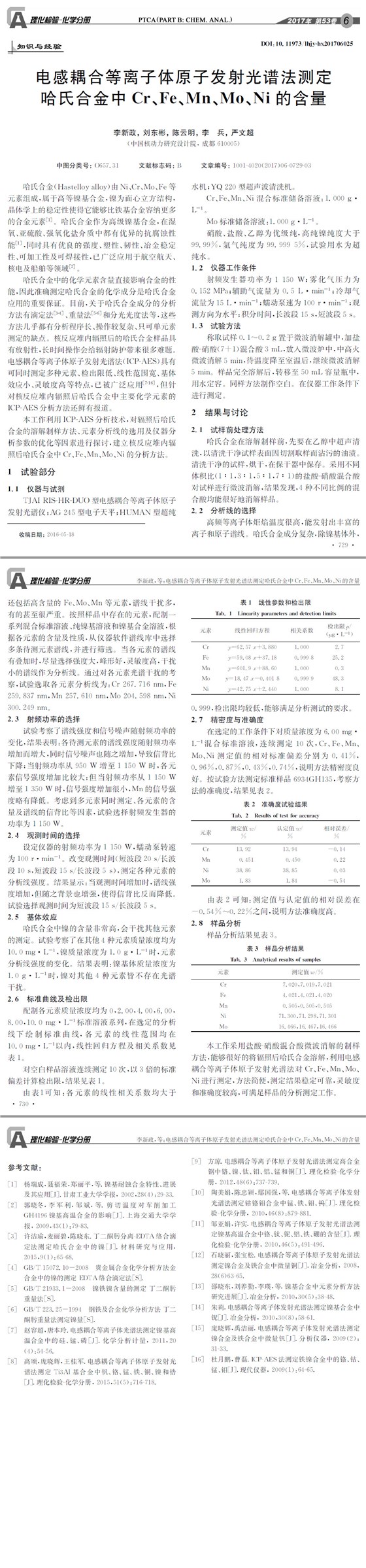 電感耦合等離子體原子發(fā)射光譜法測定哈氏合金中Cr、Fe、Mn、Mo、Ni的含量