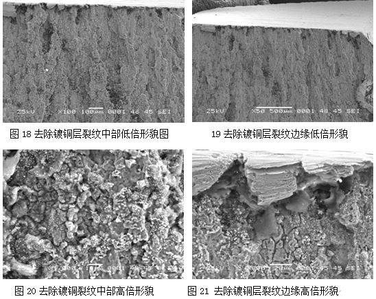圖18去除鍍銅層裂紋中部低倍形貌圖 19去除鍍銅層裂紋邊緣低倍形貌