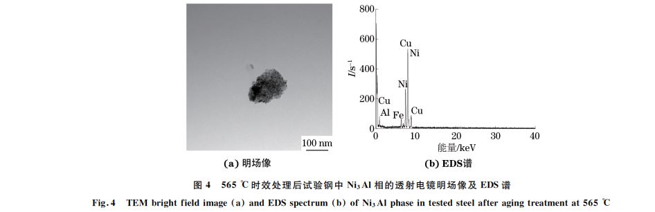 圖４ ５６５ ℃時(shí)效處理后試驗(yàn)鋼中 Ni３Al相的透射電鏡明場(chǎng)像及 EDS譜